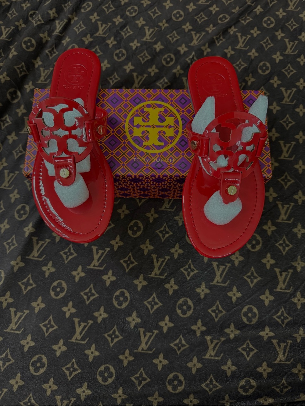 Tory Burch Red Patent Logo Thong Sandals